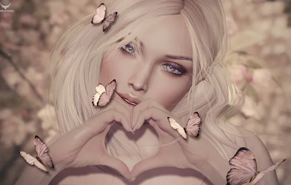 Картинка девушка, бабочка, сердце, блондинка
