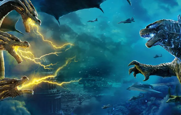 Фон, фантастика, молнии, дракон, монстры, постер, самолёты, Godzilla