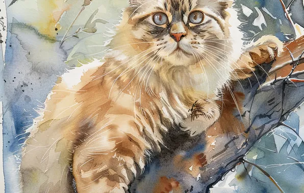 Картинка Дерево, Взгляд, Кошка, Усы, Ветка, Кот, Морда, Арт