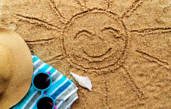 Картинка песок, море, пляж, лето, солнце, отдых, полотенце, шляпа