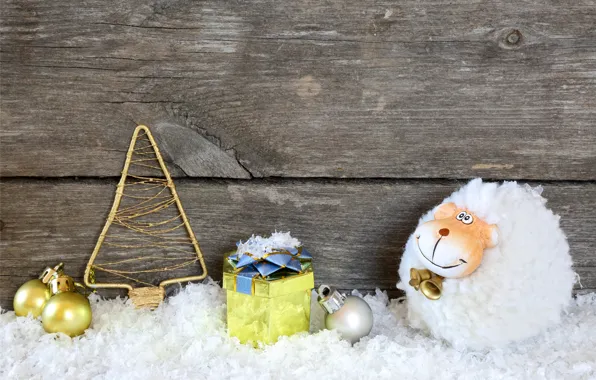 Картинка снег, праздник, игрушки, Новый Год, коза, wood, New Year, holiday