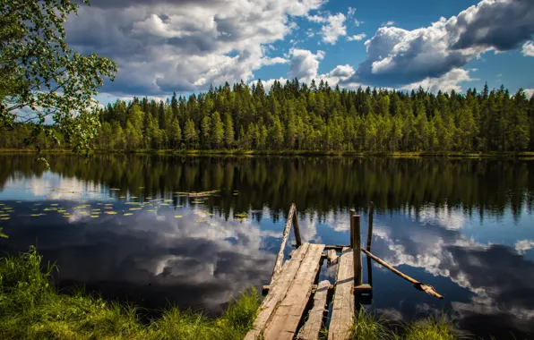 Картинка лес, озеро, отражение, доски, мостки, Финляндия, Finland, Национальный парк Сейтсеминен