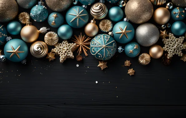 Картинка украшения, темный фон, шары, Новый Год, Рождество, dark, golden, new year