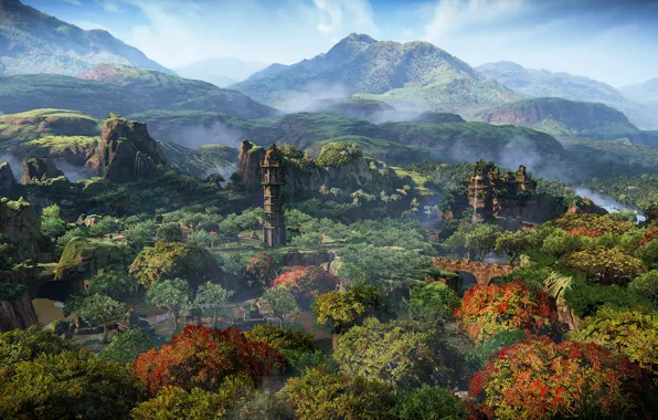 Лес, пейзаж, горы, город, строения, Uncharted: The Lost Legacy