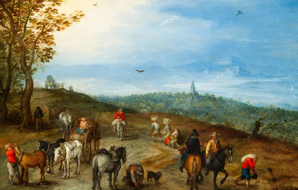 Картинка картина, Ян Брейгель старший, Панорамный Пейзаж с Путешественниками