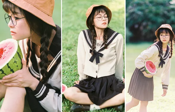 Grass, Beautiful, Asian, Model, Woman, Hat, Cute, Glasses