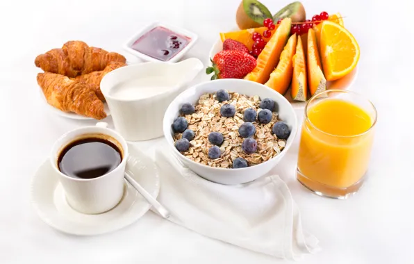 Кофе, завтрак, сливки, сок, фрукты, джем, круассаны, breakfast