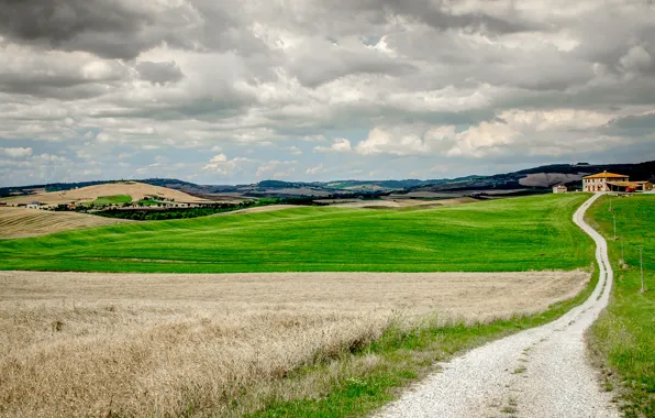 Облака, поля, дороги, дома, Италия, Тоскана, фермы, линий электропередач