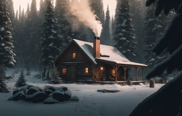 Зима, лес, свет, снег, деревья, ночь, природа, уют