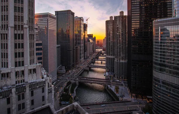 Картинка закат, река, здания, небоскребы, вечер, Чикаго, Chicago