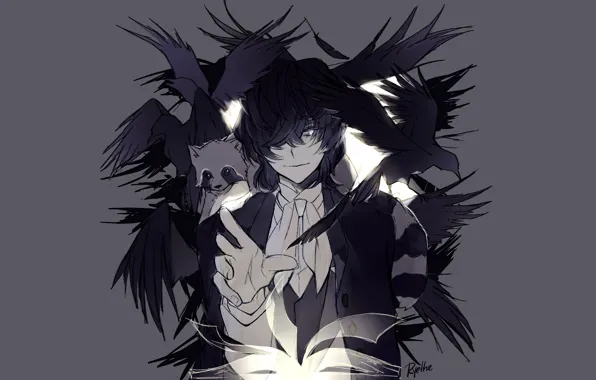 Птицы, вороны, книга, парень, Bungou Stray Dogs, Бродячие Псы: Литературные Гении, Дазай Осаму