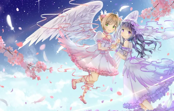 Девочки, аниме, арт, Card Captor Sakura, парят, подружки, Сакура - собирательница карт
