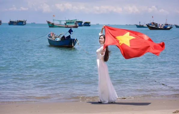 Картинка море, лето, девушка, лицо, лодки, платье, флаг, Вьетнам