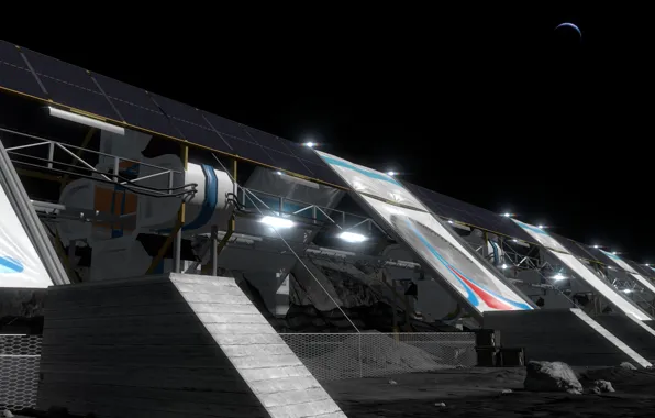Космос, планета, сооружение, батареи, Lunar Mass Driver