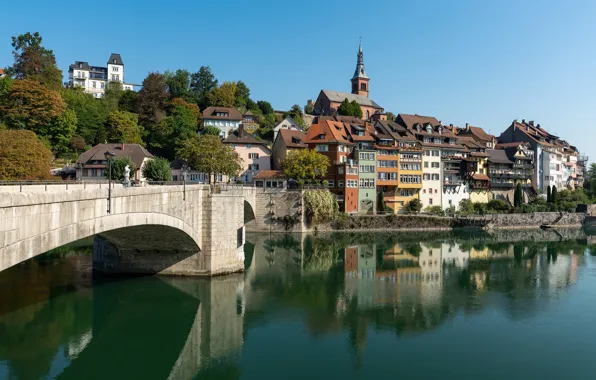 Мост, озеро, отражение, дома, Швейцария, Laufenburg