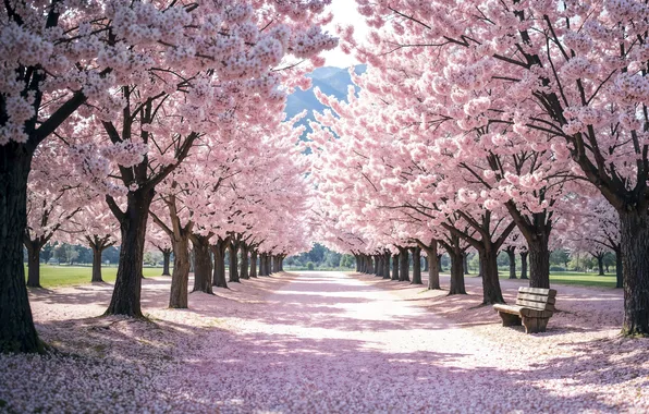 Весна, сакура, аллея, цветение, trees, pink, blossom, sakura
