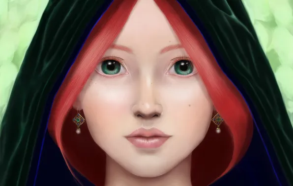 Картинка взгляд, девушка, арт, капюшон, рыжие волосы, зеленые глаза
