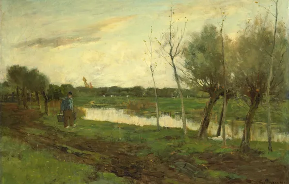 Масло, картина, холст, 1903, Джордж Ян Хендрик Поггенбек, George Poggenbeek, Пейзаж с Видом на Канал