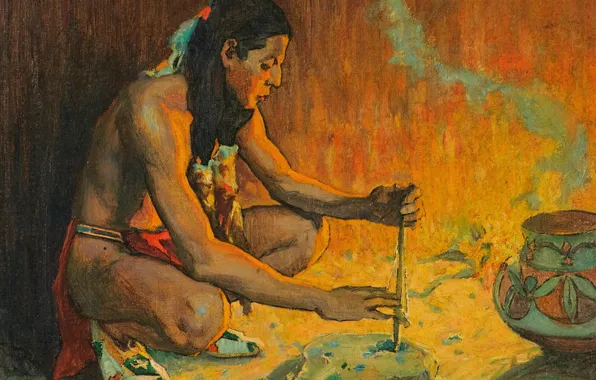 Картинка Eanger Irving Couse, Drilling Turquoise, разжигание огня