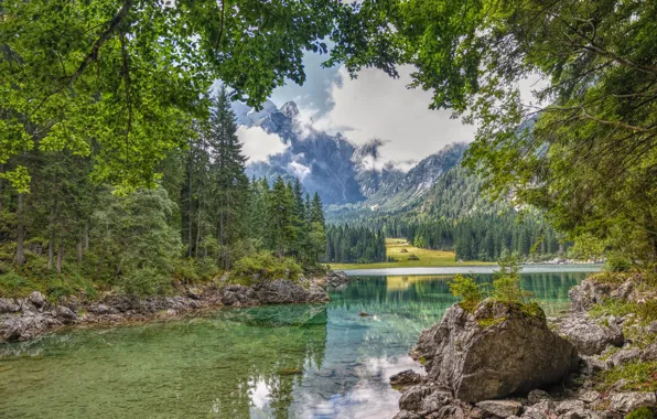 Картинка лес, деревья, горы, озеро, камни, Италия, Italy, Юлийские Альпы