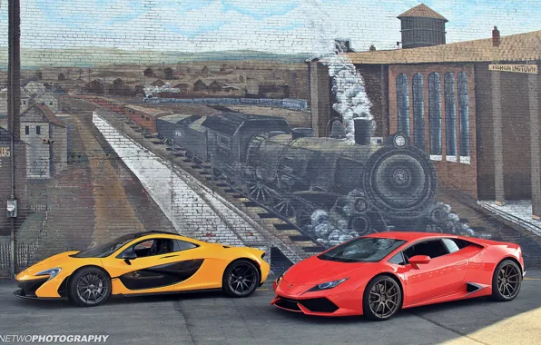 Картинка стена, рисунок, поезд, паровоз, McLaren P1, Lamborghini Huracan