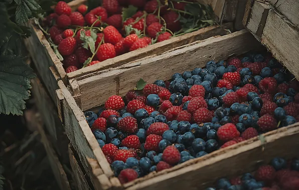 Ягоды, малина, урожай, черника, ящики, много, ИИ-арт, нейросеть
