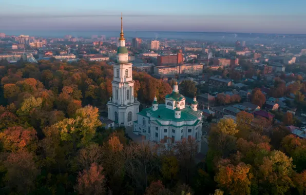 Картинка осень, деревья, здания, дома, панорама, храм, Россия, колокольня