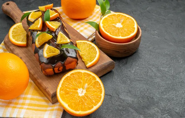 Листья, шоколад, полотенце, апельсины, пирожное, миска, серый фон, крем