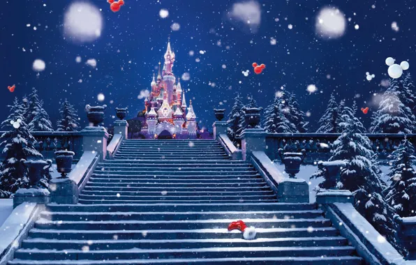 Картинка зима, снег, украшения, огни, замок, праздник, Париж, Рождество