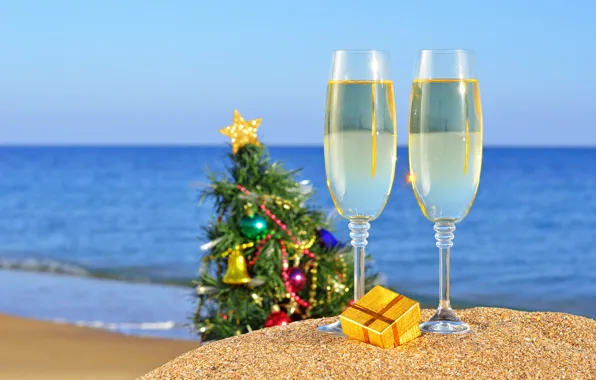 Песок, море, пляж, океан, праздник, подарок, игрушки, новый год