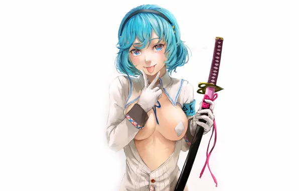 Girl, sword, sexy, boobs, anime, blue eyes, beautiful, short hair