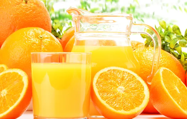 Стакан, апельсины, кувшин, апельсиновый сок