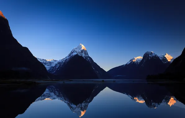 Горы, озеро, отражение, рассвет, Новая Зеландия, new zealand