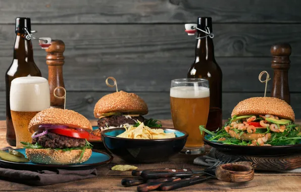 Картинка пена, пиво, стаканы, бутылки, гамбургеры