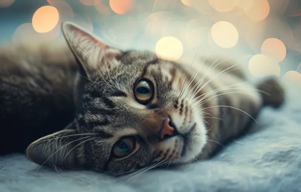 Кошка, кот, взгляд, огни, поза, серый, портрет, постель