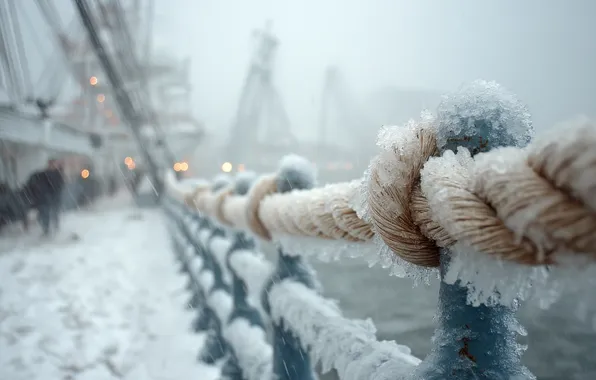 Зима, иней, море, снег, огни, туман, перспектива, корабль