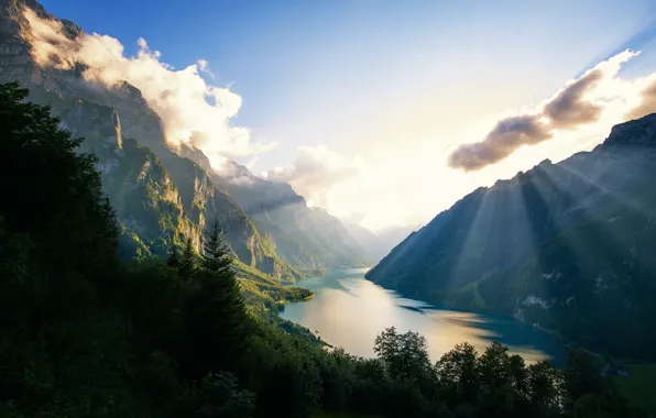Лес, горы, природа, Альпы, Switzerland, Klöntalersee, natural lake