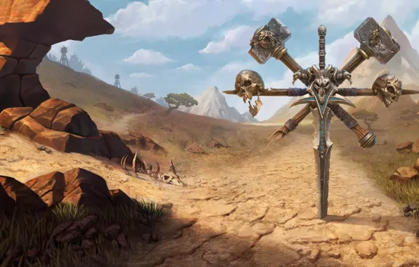 Картинка sword, World of Warcraft, game, desert, skulls, mountains, weapons, digital art