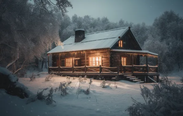 Зима, лес, свет, снег, деревья, ночь, природа, уют