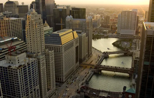 Река, небоскребы, вечер, чикаго, Chicago