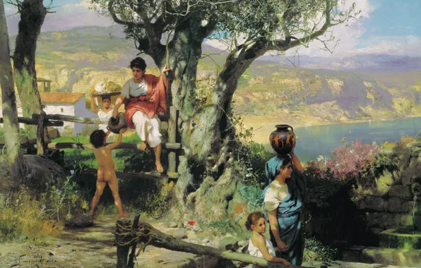 Картинка пейзаж, цветы, озеро, дерево, женщина, масло, Деревня, Рим