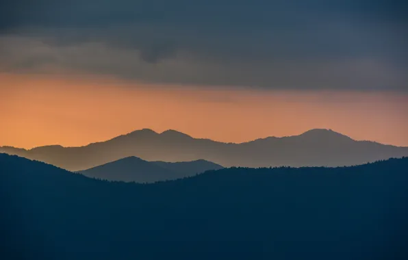 Twilight, sunset, hills, dusk, cloudy, silhouettes