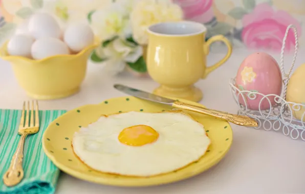 Завтрак, тарелка, нож, чашка, вилка, яичница