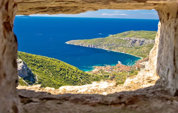Море, город, гора, бухта, Хорватия, Ядран, Вис, остров Вис