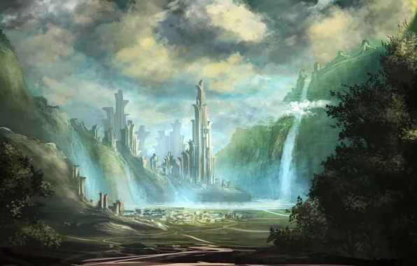 Картинка landscape, долина, деревья, водопад, небо, горы, башни