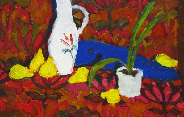 Картинка 2006, кувшин, натюрморт, груши, Петяев, цветочные узоры, цветок в горшке