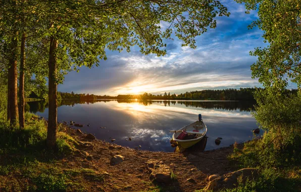Картинка лес, лето, деревья, закат, река, лодка, Финляндия, Finland