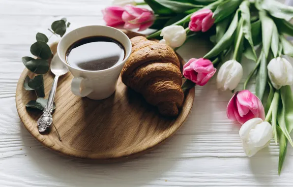 Цветы, кофе, завтрак, чашка, тюльпаны, розовые, white, heart