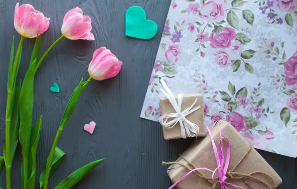 Картинка цветы, подарок, сердечки, тюльпаны, розовые, wood, pink, flowers