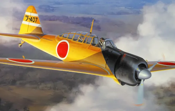 Картинка war, art, painting, aviation, Tsukuba Flying Group, A6m2-K zero fighter